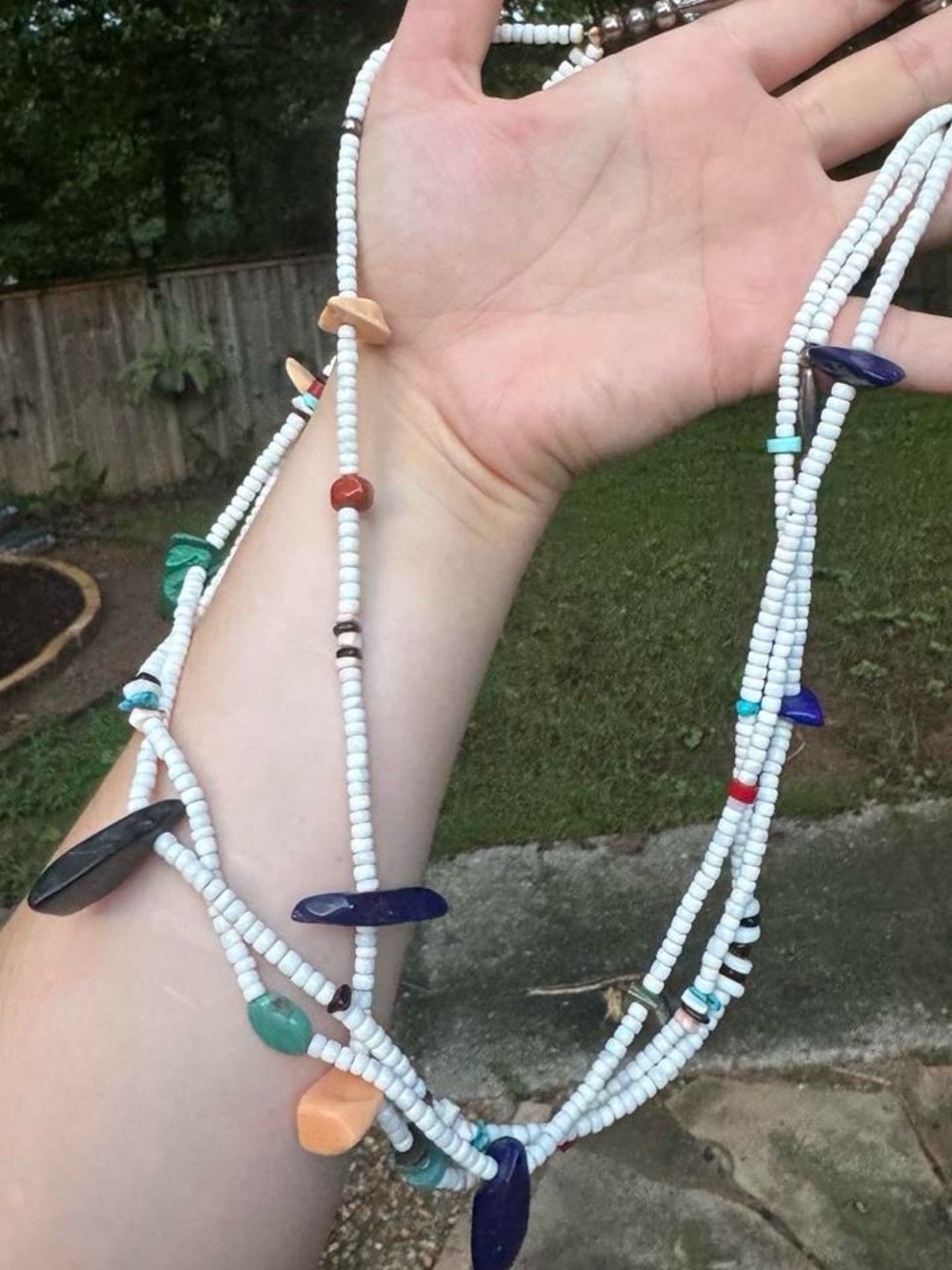 Handmade White Bead Necklace with Multi-Color Stone Accents